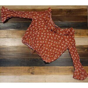 American Eagle Blouse Cropped Flared Ruffled Sleeve & Neck Elastic Waist Large